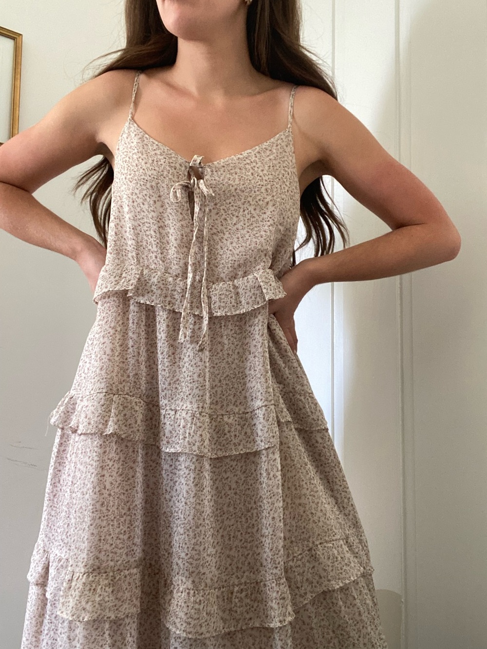 Like New Boutique Spaghetti Strap Tiered Floral Maxi Dress in Light Beige